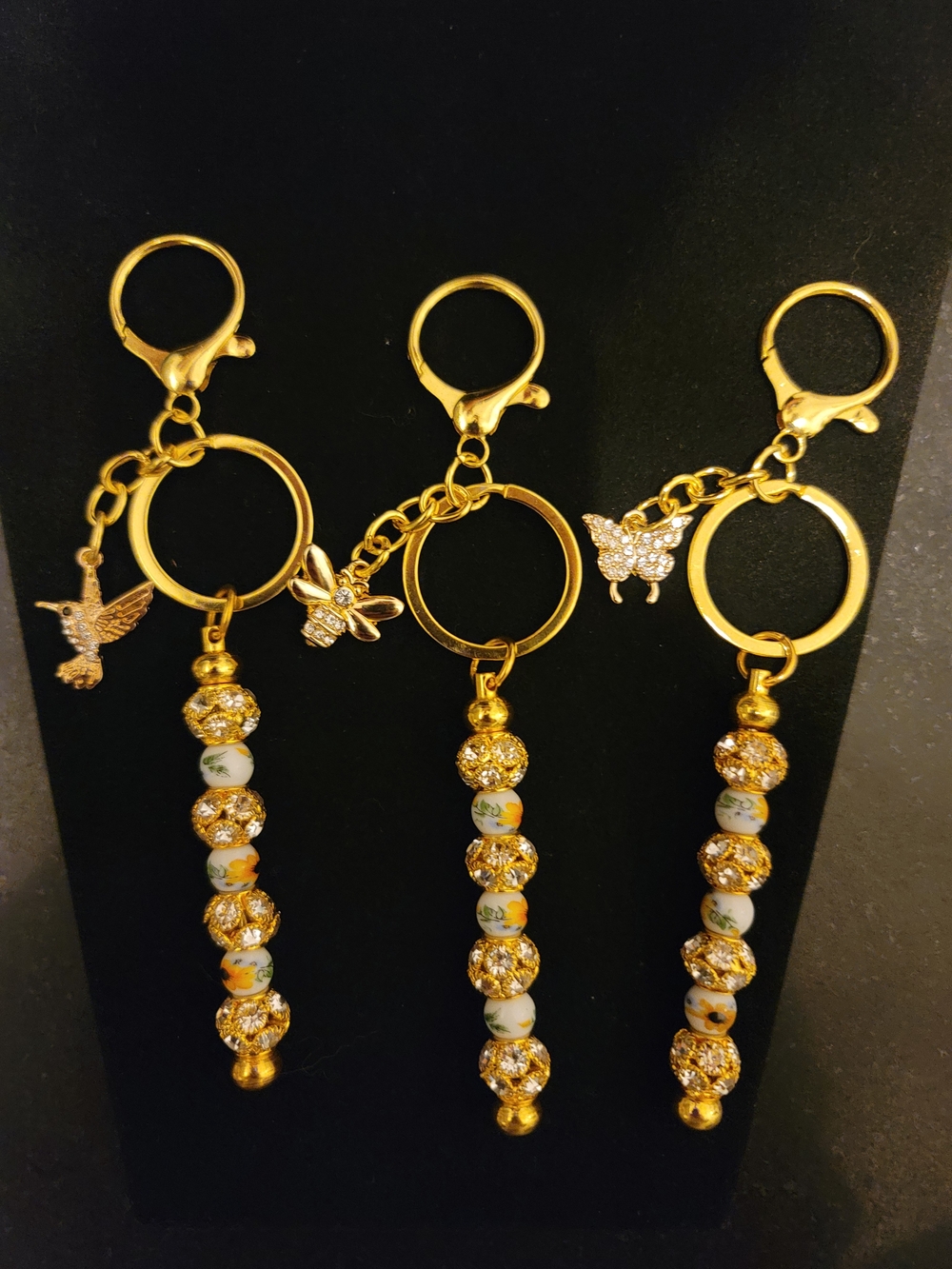 Gold Beaded Charm Keychains with Butterfly, Bee, or Hummingbird Charm (Pick 1)